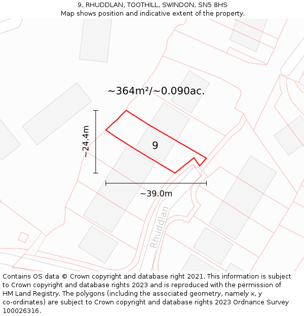 9, RHUDDLAN, TOOTHILL, SWINDON, SN5 8HS: Plot and title map