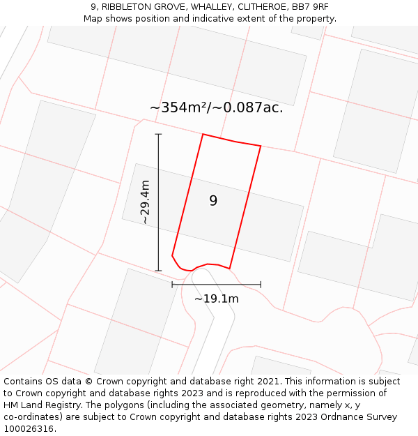 9, RIBBLETON GROVE, WHALLEY, CLITHEROE, BB7 9RF: Plot and title map