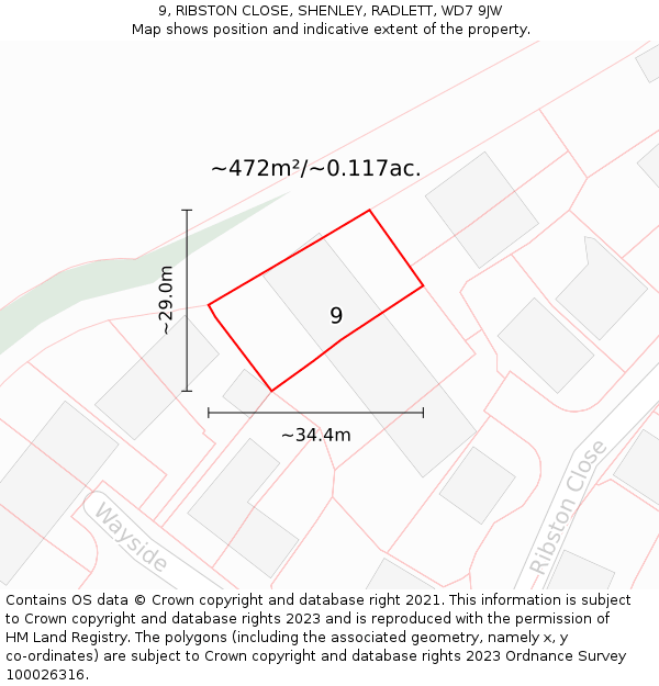 9, RIBSTON CLOSE, SHENLEY, RADLETT, WD7 9JW: Plot and title map