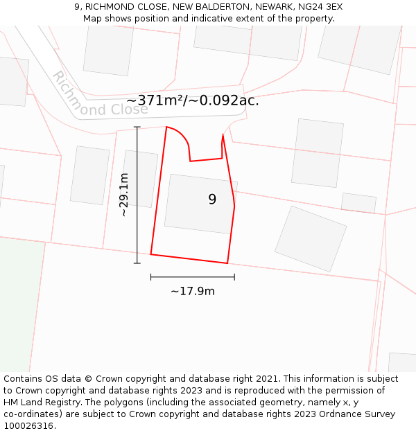 9, RICHMOND CLOSE, NEW BALDERTON, NEWARK, NG24 3EX: Plot and title map