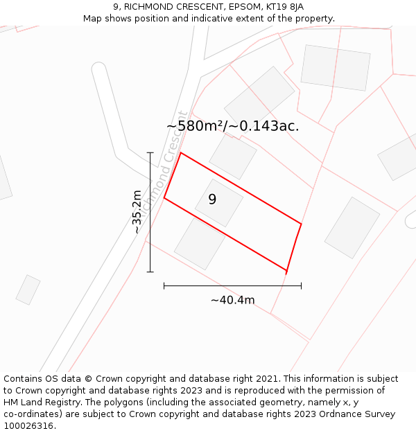 9, RICHMOND CRESCENT, EPSOM, KT19 8JA: Plot and title map