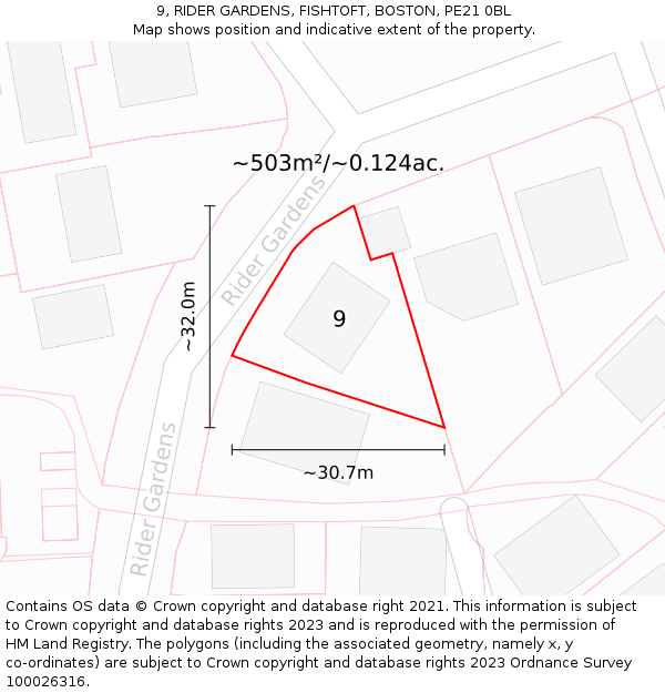 9, RIDER GARDENS, FISHTOFT, BOSTON, PE21 0BL: Plot and title map