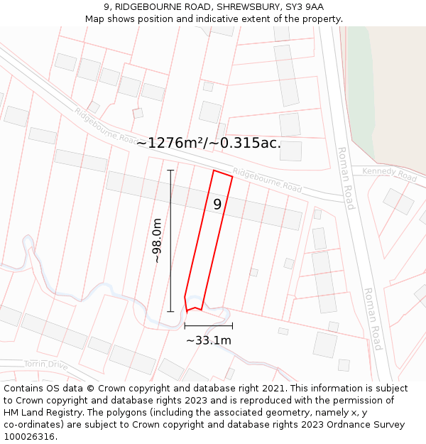 9, RIDGEBOURNE ROAD, SHREWSBURY, SY3 9AA: Plot and title map