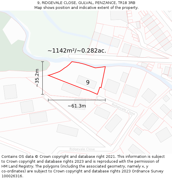 9, RIDGEVALE CLOSE, GULVAL, PENZANCE, TR18 3RB: Plot and title map