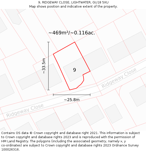 9, RIDGEWAY CLOSE, LIGHTWATER, GU18 5XU: Plot and title map