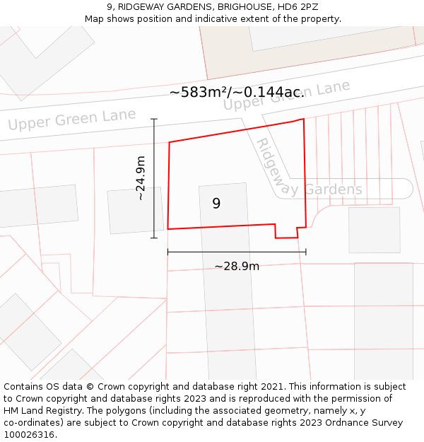 9, RIDGEWAY GARDENS, BRIGHOUSE, HD6 2PZ: Plot and title map