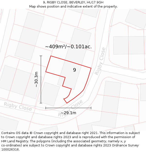 9, RIGBY CLOSE, BEVERLEY, HU17 9GH: Plot and title map