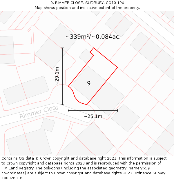 9, RIMMER CLOSE, SUDBURY, CO10 1PX: Plot and title map