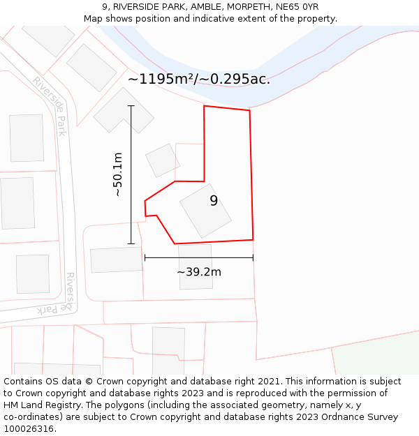 9, RIVERSIDE PARK, AMBLE, MORPETH, NE65 0YR: Plot and title map