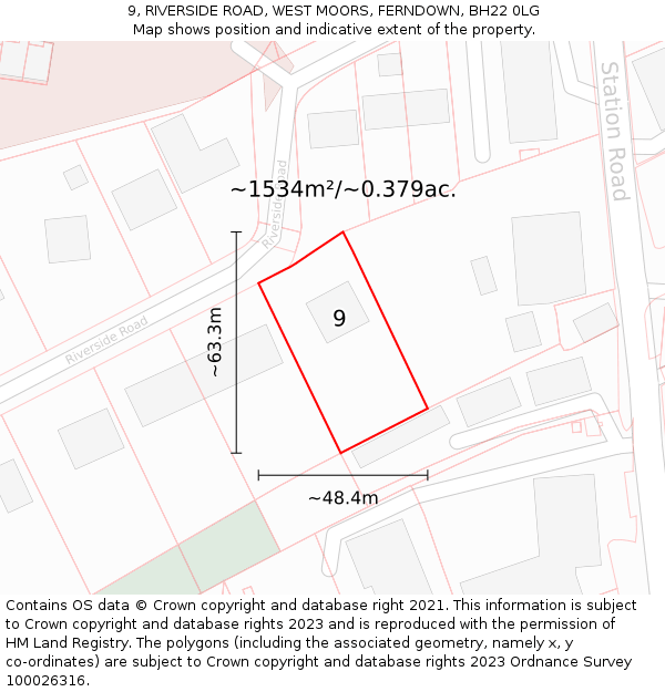 9, RIVERSIDE ROAD, WEST MOORS, FERNDOWN, BH22 0LG: Plot and title map