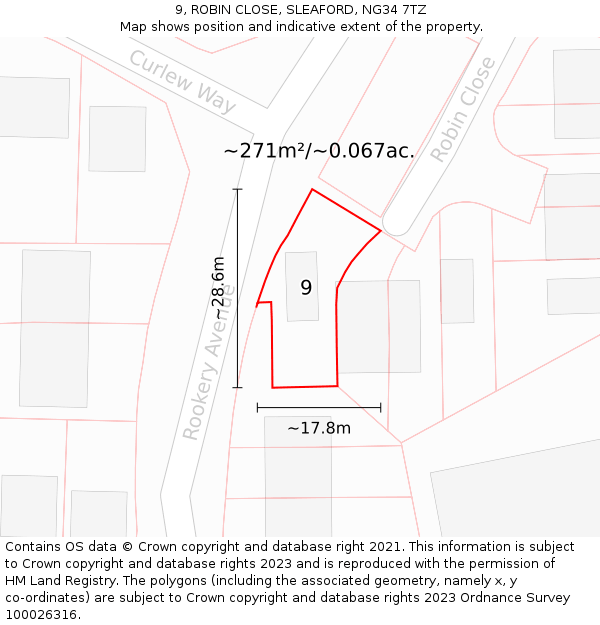 9, ROBIN CLOSE, SLEAFORD, NG34 7TZ: Plot and title map