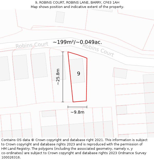 9, ROBINS COURT, ROBINS LANE, BARRY, CF63 1AH: Plot and title map