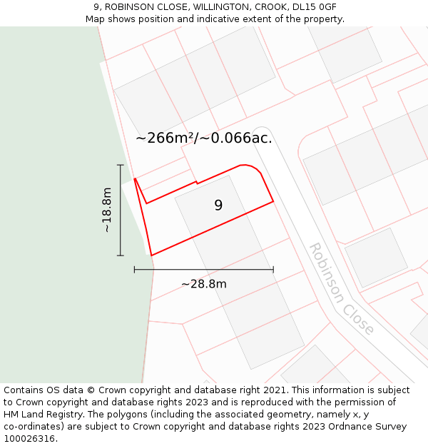 9, ROBINSON CLOSE, WILLINGTON, CROOK, DL15 0GF: Plot and title map