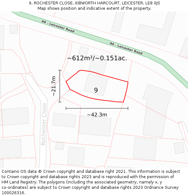 9, ROCHESTER CLOSE, KIBWORTH HARCOURT, LEICESTER, LE8 0JS: Plot and title map