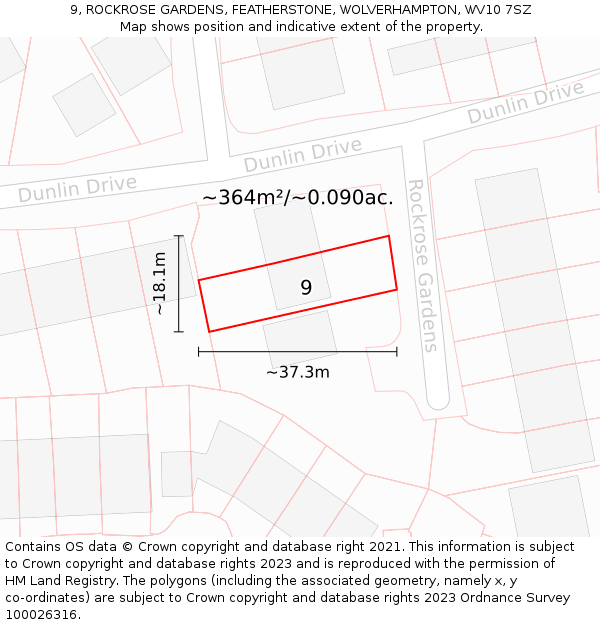 9, ROCKROSE GARDENS, FEATHERSTONE, WOLVERHAMPTON, WV10 7SZ: Plot and title map