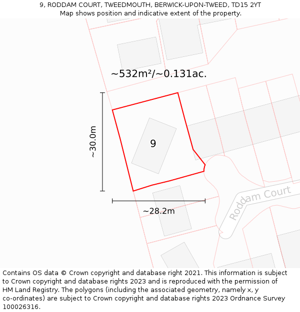 9, RODDAM COURT, TWEEDMOUTH, BERWICK-UPON-TWEED, TD15 2YT: Plot and title map