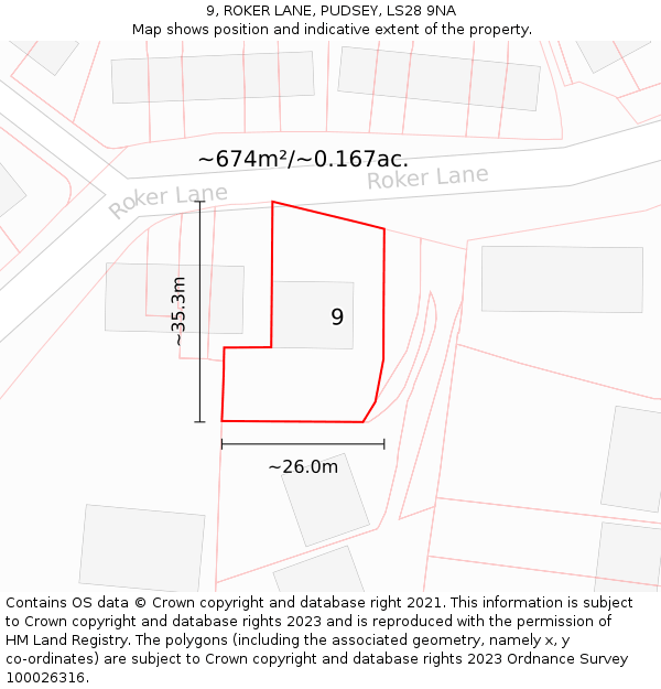 9, ROKER LANE, PUDSEY, LS28 9NA: Plot and title map