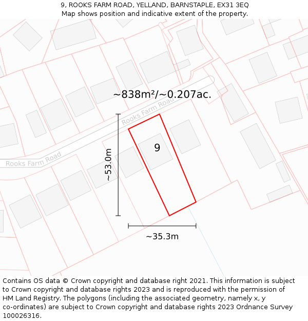 9, ROOKS FARM ROAD, YELLAND, BARNSTAPLE, EX31 3EQ: Plot and title map