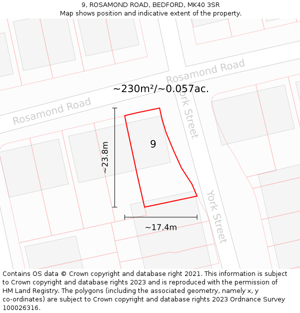 9, ROSAMOND ROAD, BEDFORD, MK40 3SR: Plot and title map