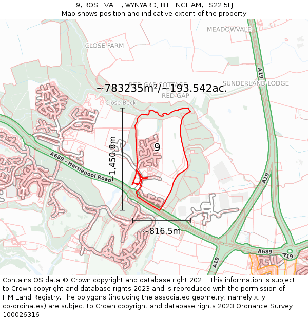 9, ROSE VALE, WYNYARD, BILLINGHAM, TS22 5FJ: Plot and title map