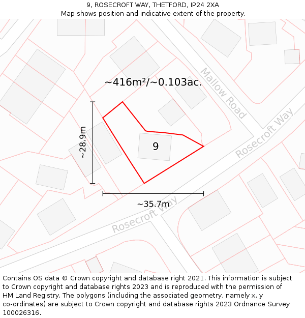 9, ROSECROFT WAY, THETFORD, IP24 2XA: Plot and title map