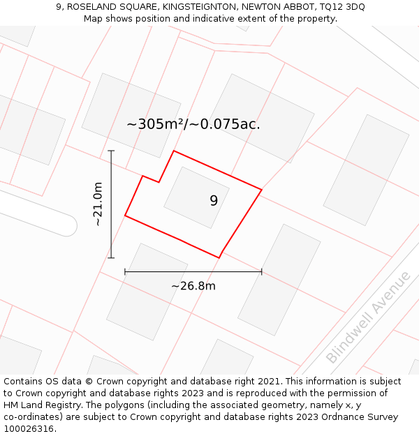 9, ROSELAND SQUARE, KINGSTEIGNTON, NEWTON ABBOT, TQ12 3DQ: Plot and title map