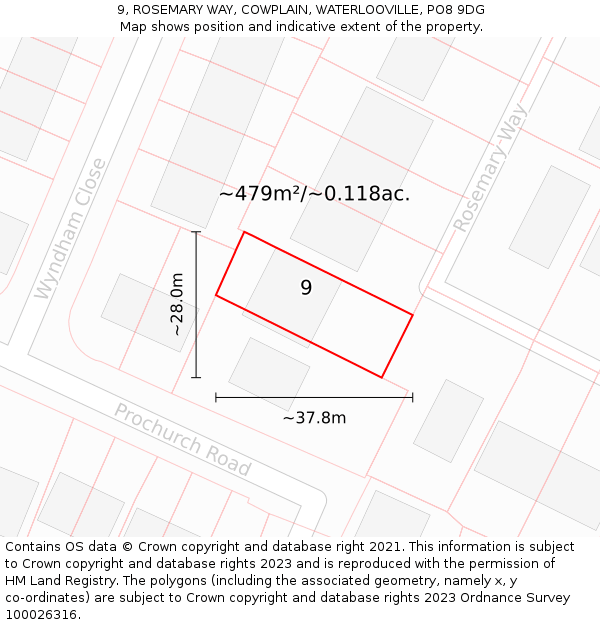 9, ROSEMARY WAY, COWPLAIN, WATERLOOVILLE, PO8 9DG: Plot and title map