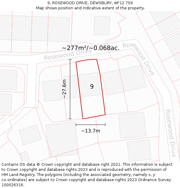 9, ROSEWOOD DRIVE, DEWSBURY, WF12 7SX: Plot and title map