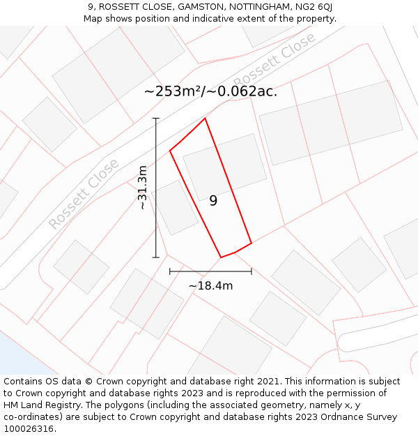 9, ROSSETT CLOSE, GAMSTON, NOTTINGHAM, NG2 6QJ: Plot and title map