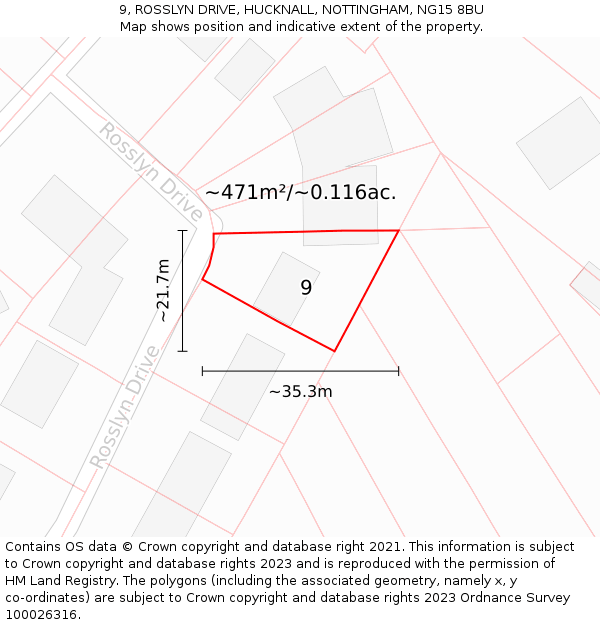 9, ROSSLYN DRIVE, HUCKNALL, NOTTINGHAM, NG15 8BU: Plot and title map