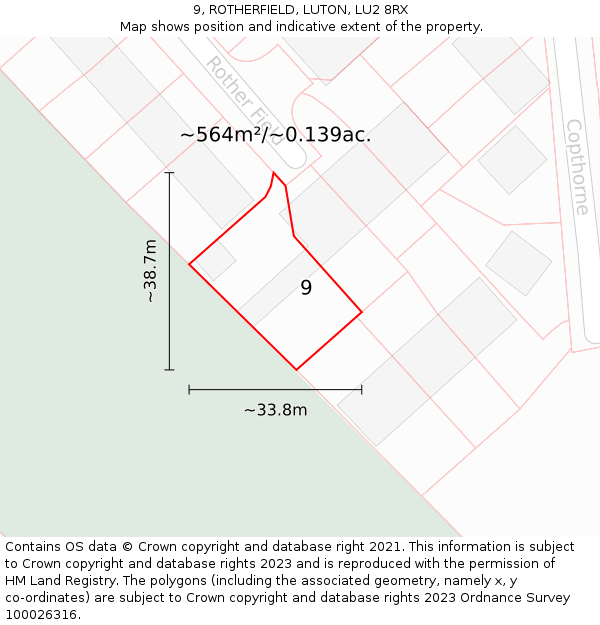 9, ROTHERFIELD, LUTON, LU2 8RX: Plot and title map