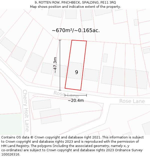 9, ROTTEN ROW, PINCHBECK, SPALDING, PE11 3RQ: Plot and title map