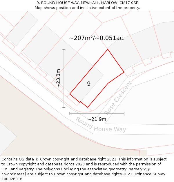 9, ROUND HOUSE WAY, NEWHALL, HARLOW, CM17 9SF: Plot and title map