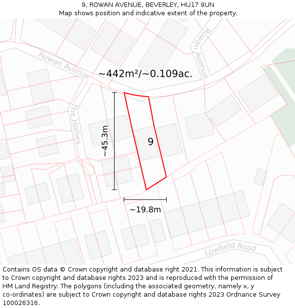 9, ROWAN AVENUE, BEVERLEY, HU17 9UN: Plot and title map