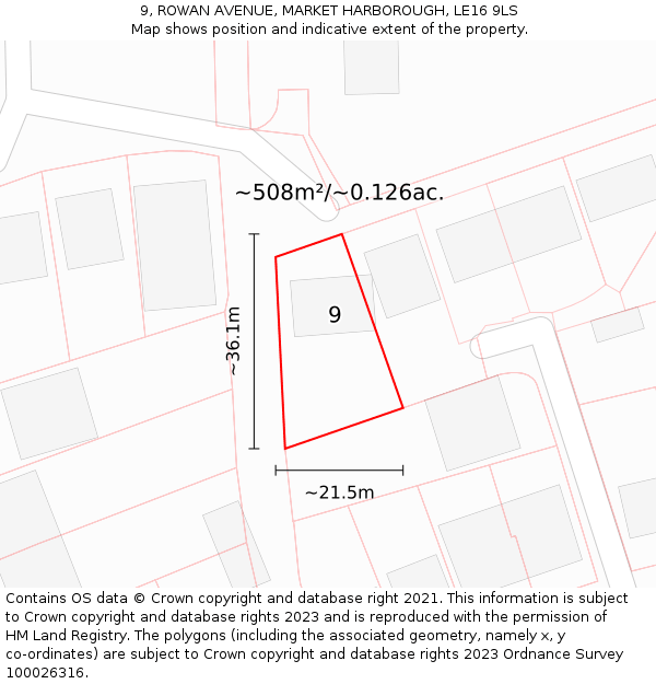 9, ROWAN AVENUE, MARKET HARBOROUGH, LE16 9LS: Plot and title map