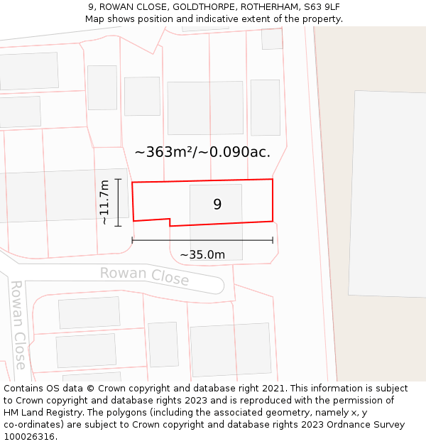 9, ROWAN CLOSE, GOLDTHORPE, ROTHERHAM, S63 9LF: Plot and title map