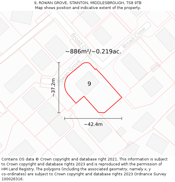 9, ROWAN GROVE, STAINTON, MIDDLESBROUGH, TS8 9TB: Plot and title map