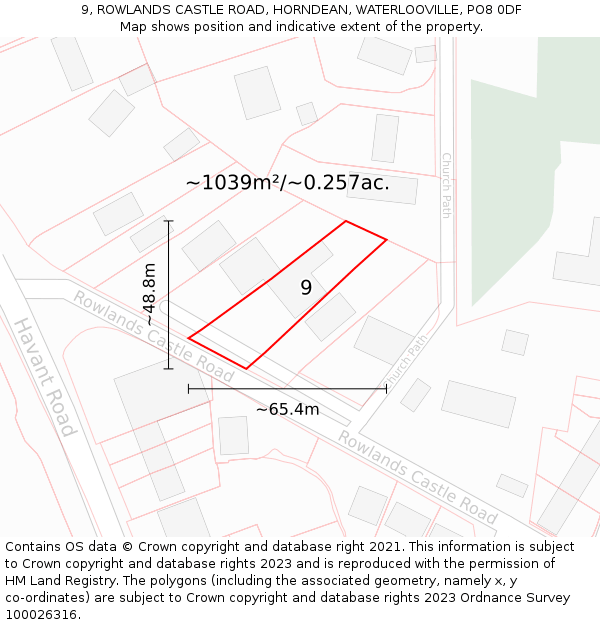 9, ROWLANDS CASTLE ROAD, HORNDEAN, WATERLOOVILLE, PO8 0DF: Plot and title map