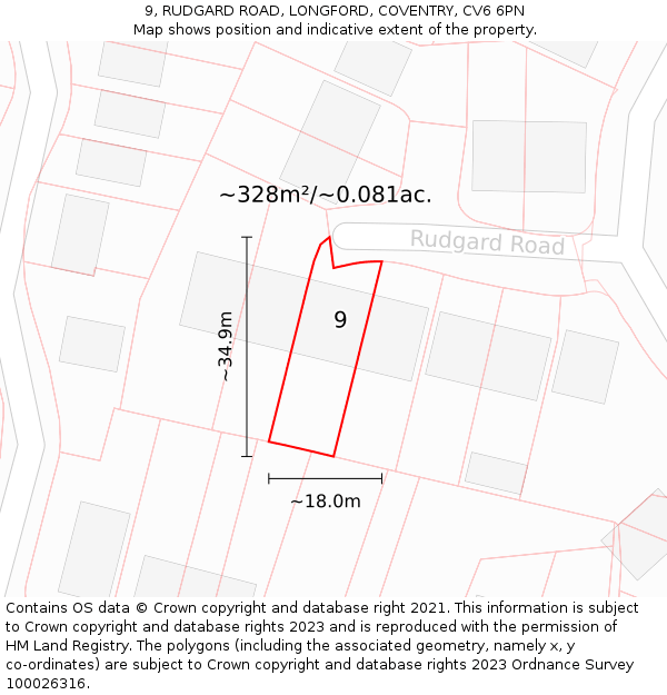 9, RUDGARD ROAD, LONGFORD, COVENTRY, CV6 6PN: Plot and title map