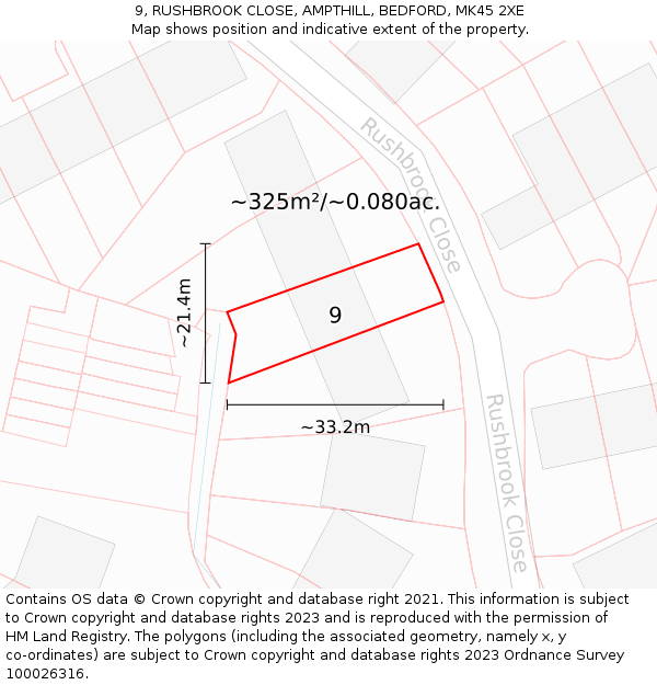 9, RUSHBROOK CLOSE, AMPTHILL, BEDFORD, MK45 2XE: Plot and title map
