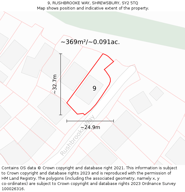 9, RUSHBROOKE WAY, SHREWSBURY, SY2 5TQ: Plot and title map