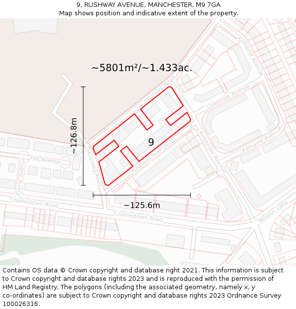 9, RUSHWAY AVENUE, MANCHESTER, M9 7GA: Plot and title map