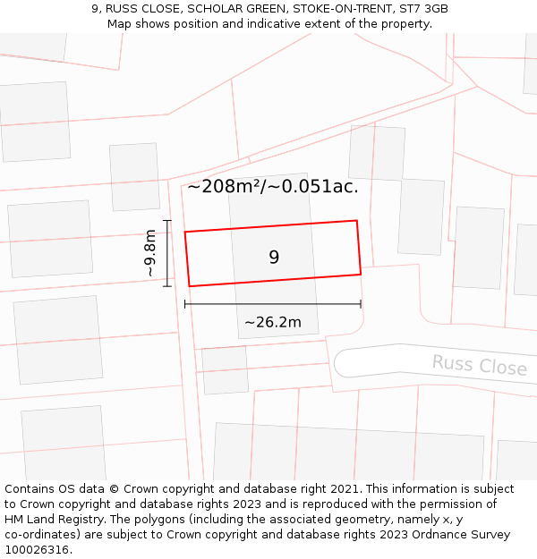 9, RUSS CLOSE, SCHOLAR GREEN, STOKE-ON-TRENT, ST7 3GB: Plot and title map