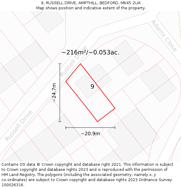 9, RUSSELL DRIVE, AMPTHILL, BEDFORD, MK45 2UA: Plot and title map