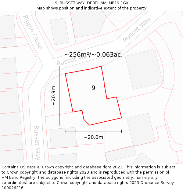 9, RUSSET WAY, DEREHAM, NR19 1GX: Plot and title map