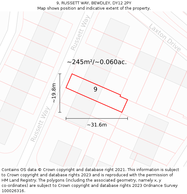 9, RUSSETT WAY, BEWDLEY, DY12 2PY: Plot and title map