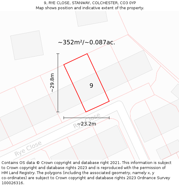 9, RYE CLOSE, STANWAY, COLCHESTER, CO3 0YP: Plot and title map