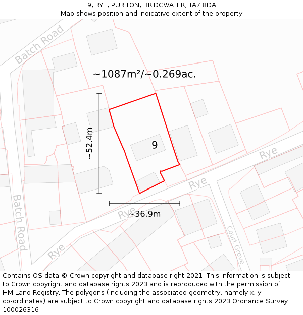 9, RYE, PURITON, BRIDGWATER, TA7 8DA: Plot and title map