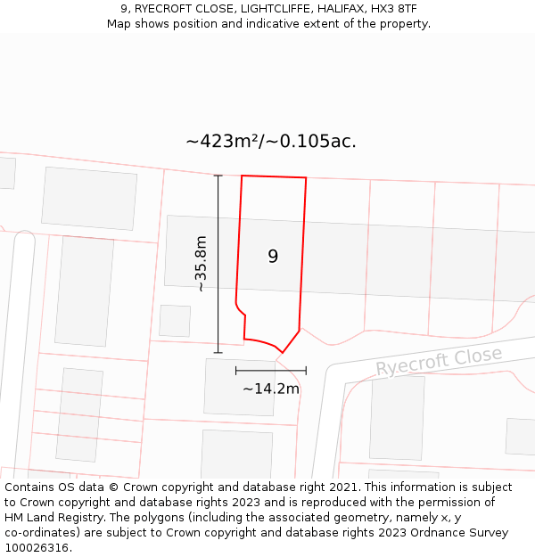 9, RYECROFT CLOSE, LIGHTCLIFFE, HALIFAX, HX3 8TF: Plot and title map