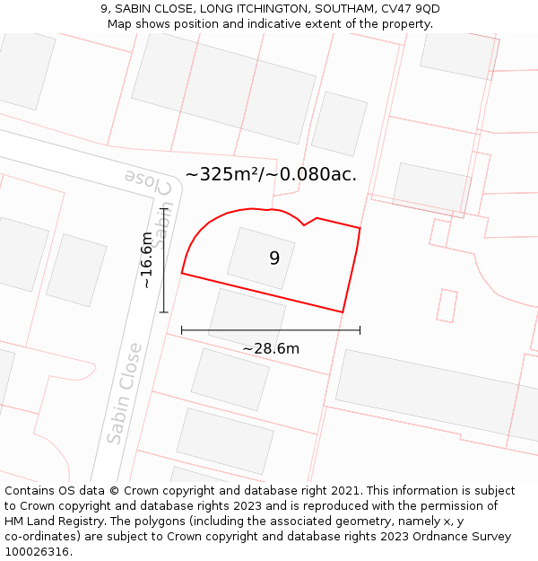 9, SABIN CLOSE, LONG ITCHINGTON, SOUTHAM, CV47 9QD: Plot and title map